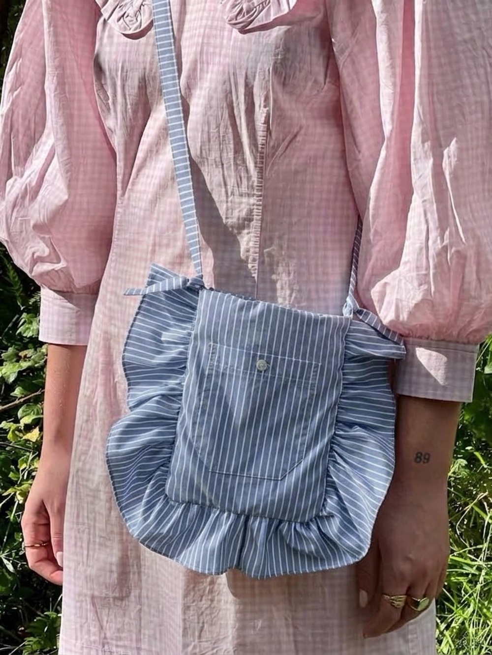 Handmade Upcycled Light Blue Stripe Ruffle Crossbody Bag 100% Cotton